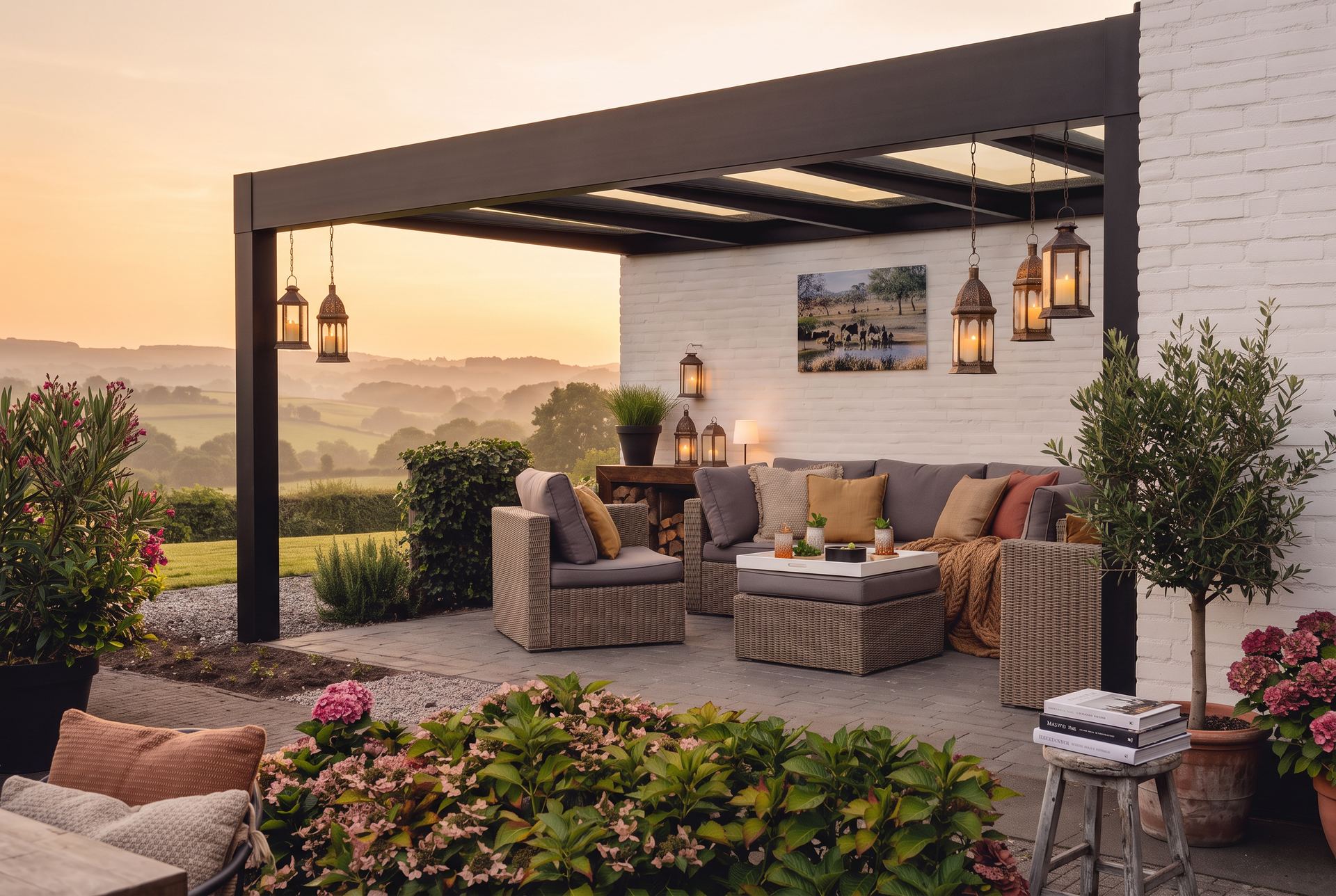 A contemporary Vale veranda overlooking the South Wales countryside at sunset