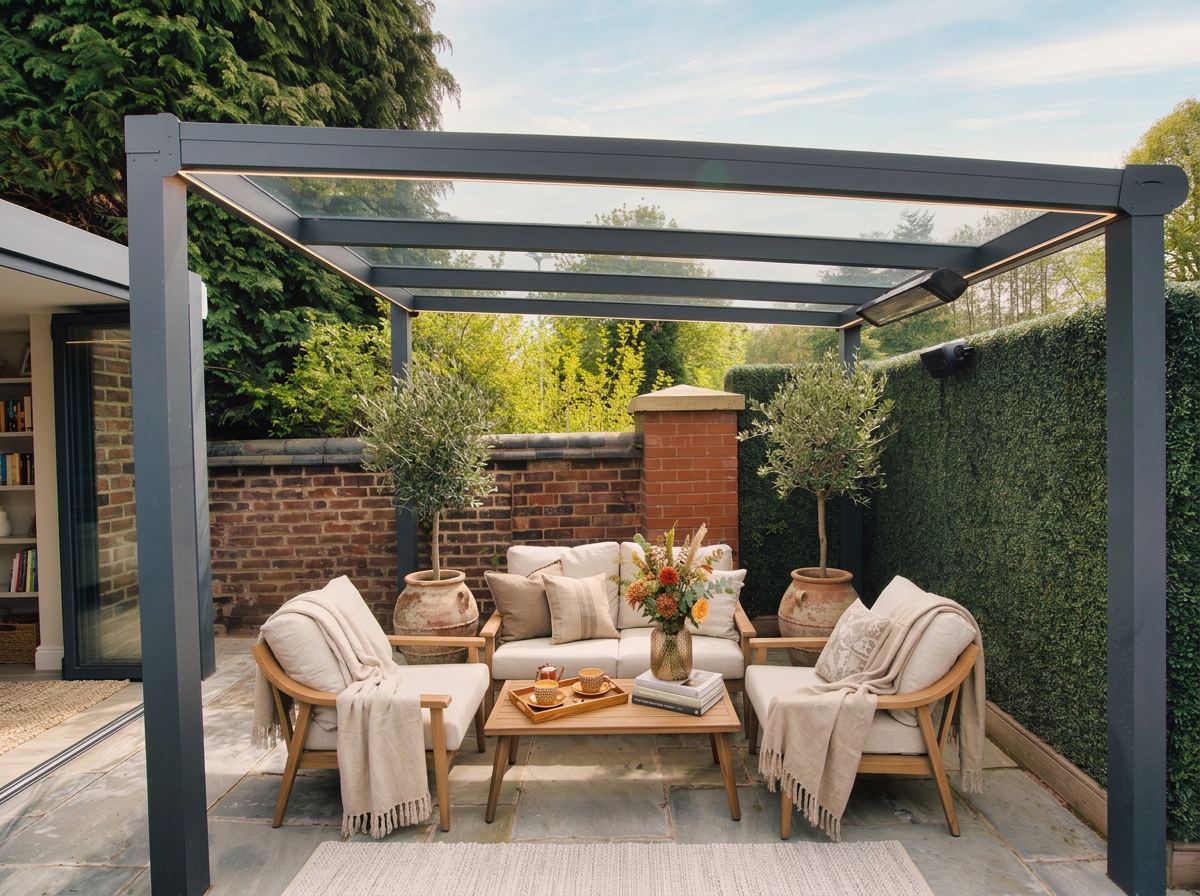 A glass-roof veranda connecting a contemporary home to its garden in daylight